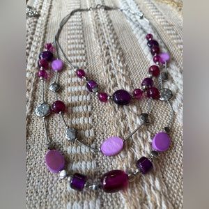 Multi-strand necklace, pink, purple, silver